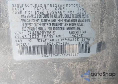 2015 Nissan Sentra S from USA, damaged, VIN 3N1AB7AP7FY293187